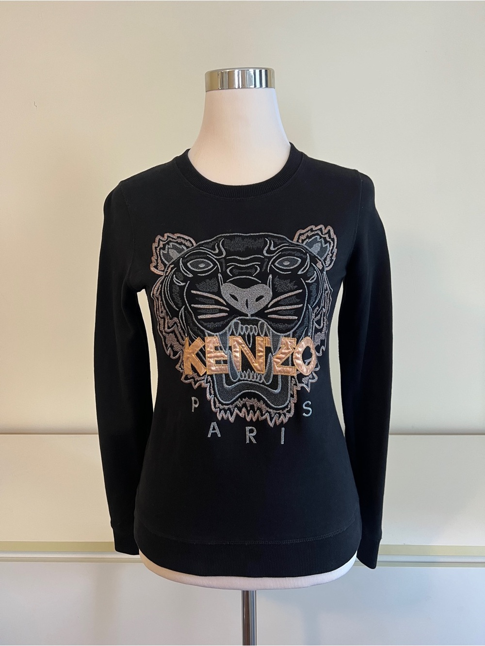 Kenzo Women's Tiger Embroidered Black & Rose Gold Sweatshirt XS